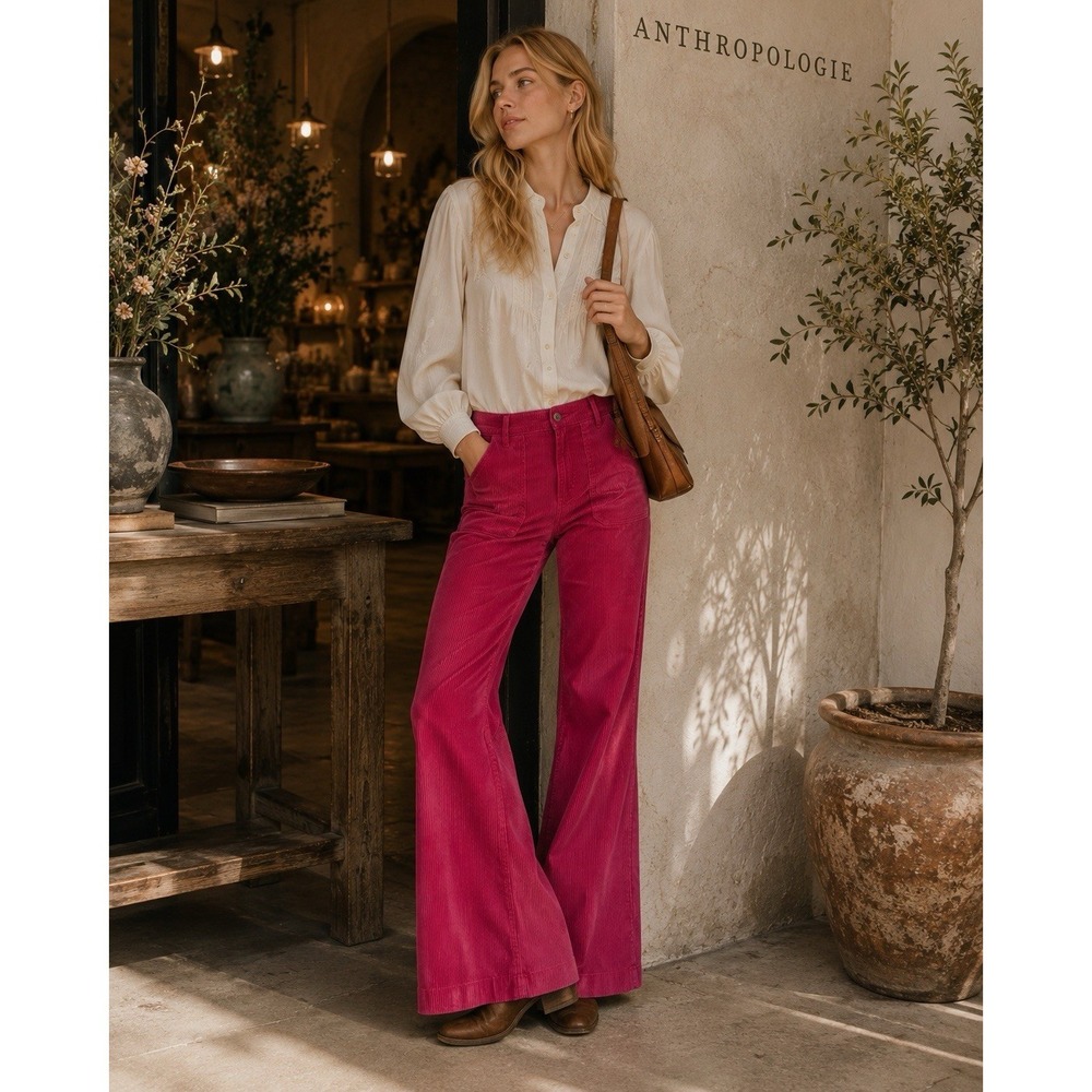 ANTHROPOLOGIE PILCRO Women's New Flare Jeans 26 Raspberry Bootcut Corduroy Pants
